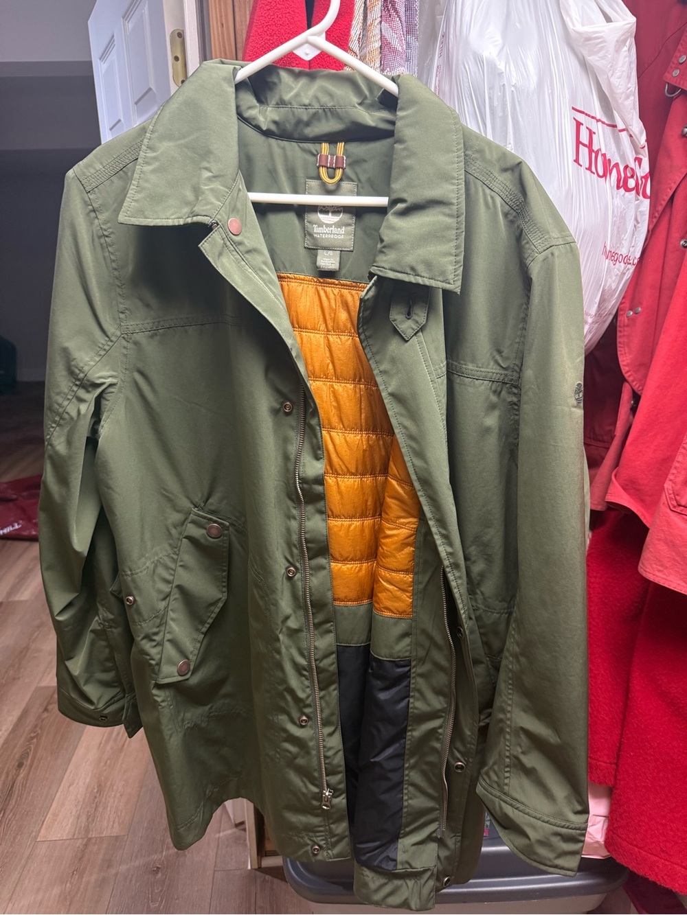 Timberland Waterproof Olive Green Jacket with Orange Quilted Liner
